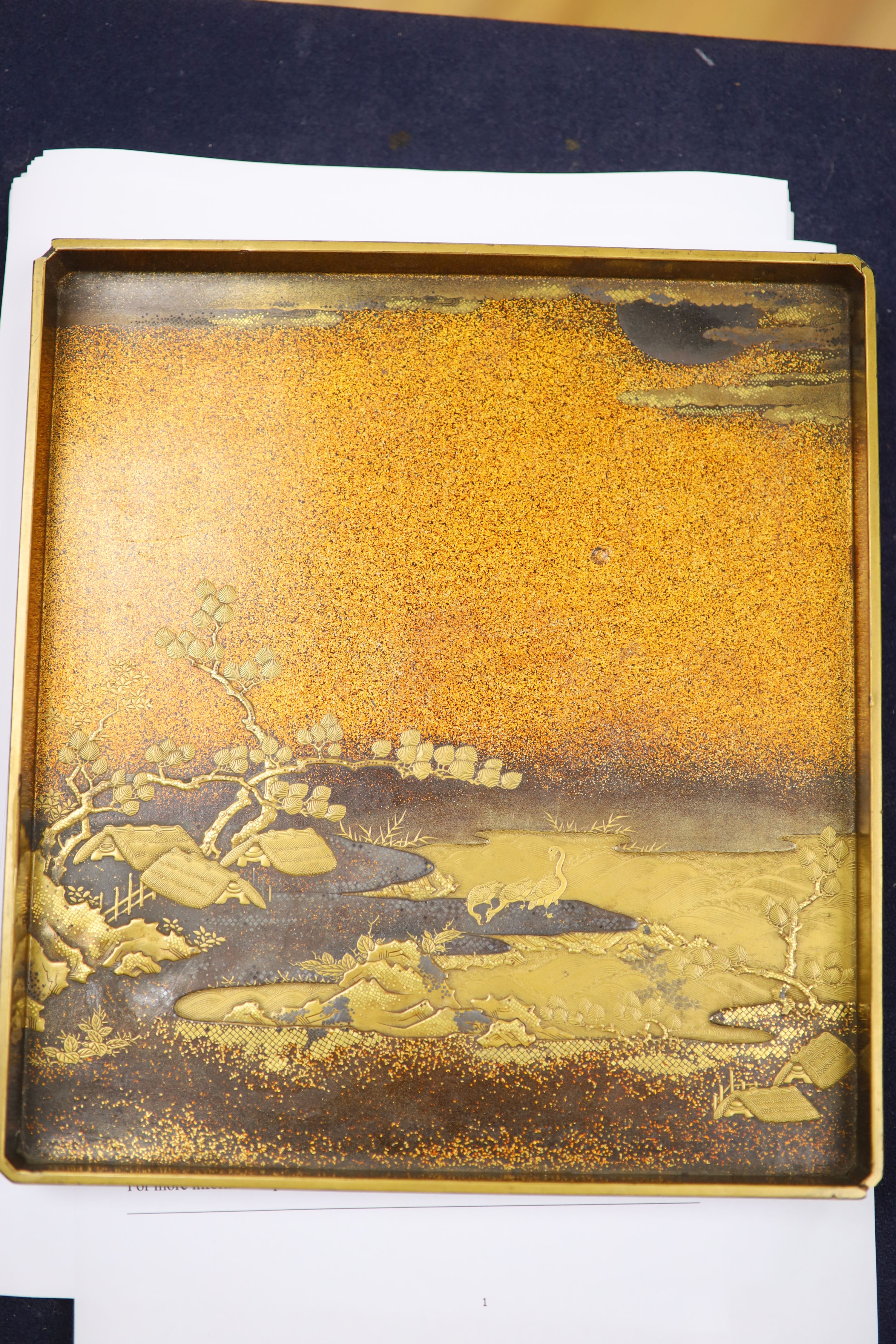 A good quality Japanese maki-e lacquer dish and a similar panel, Edo to Meiji period, largest 24.5cm